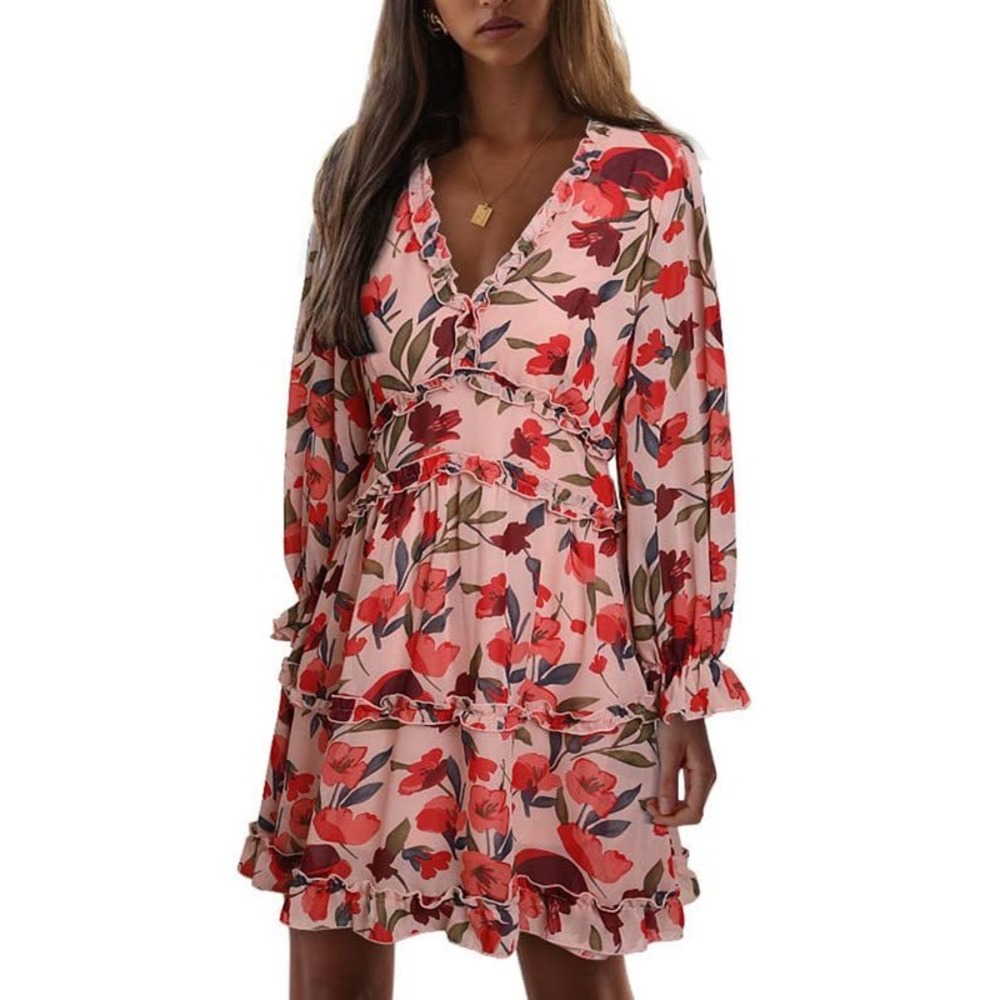 Pink Floral Ruffle Tiered Mini Dress Long Sleeve Back Cutout Women‎ Size S